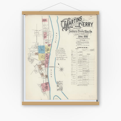 Old map wall art mockup — magnetic wood frame on white wall — Sanborn Fire Insurance Map from Martins Ferry, Belmont County, Ohio (1890) - Complete Map Set