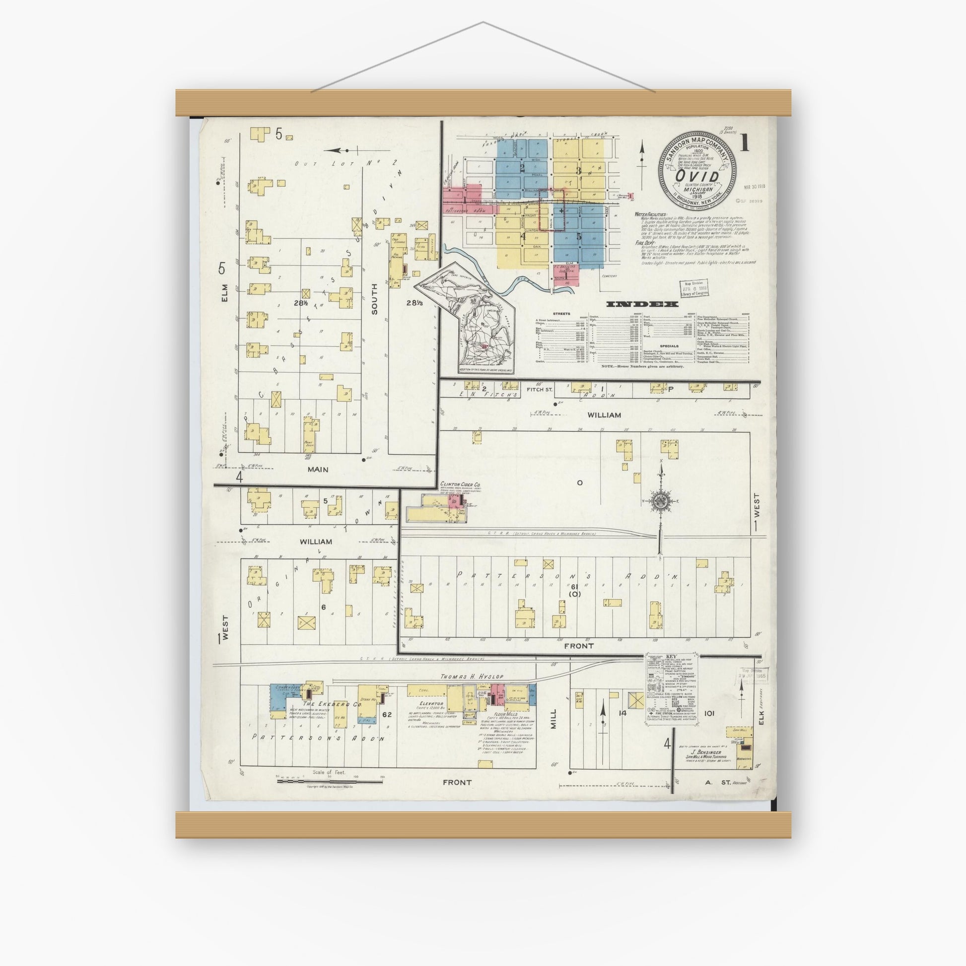 Old map wall art mockup — magnetic wood frame on white wall — Sanborn Fire Insurance Map from Ovid, Clinton County, Michigan (1918), Sheet #0001