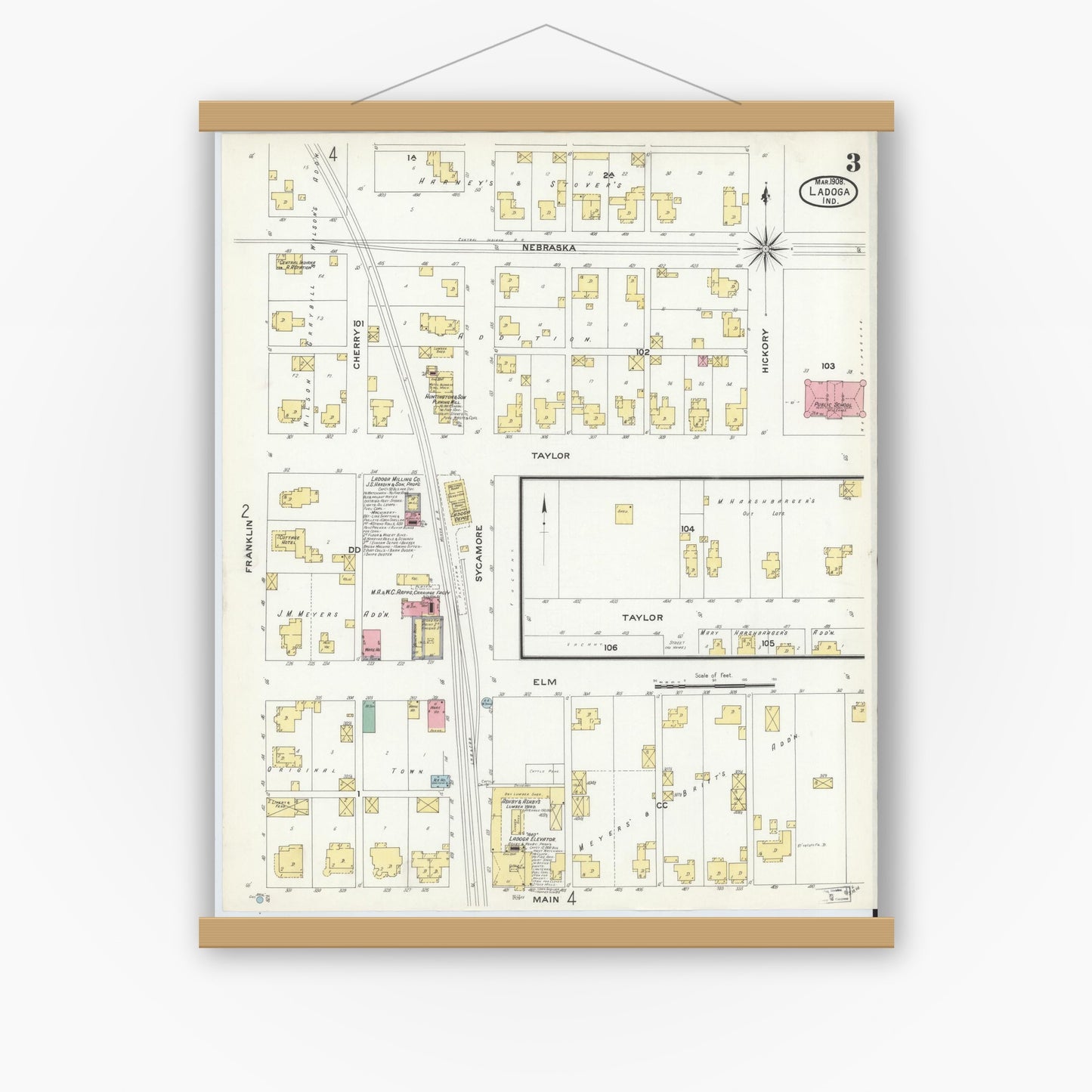 Old map wall art mockup — magnetic wood frame on white wall — Sanborn Fire Insurance Map from Ladoga, Montgomery County, Indiana (1908), Sheet #0003