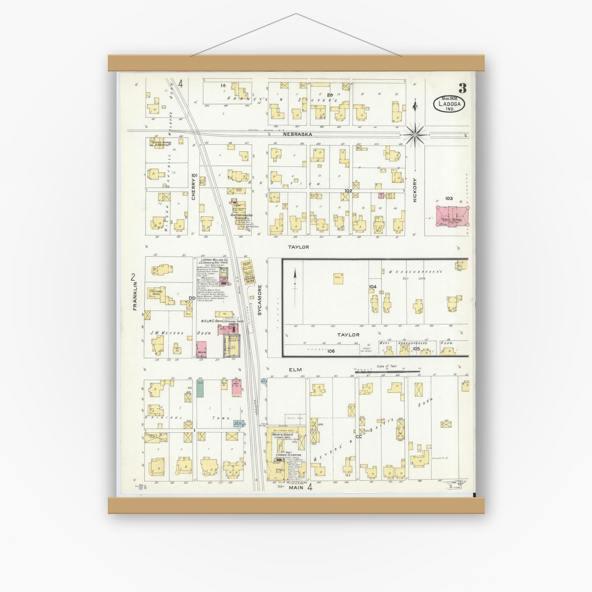 Old map wall art mockup — magnetic wood frame on white wall — Sanborn Fire Insurance Map from Ladoga, Montgomery County, Indiana (1908), Sheet #0003