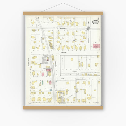 Old map wall art mockup — magnetic wood frame on white wall — Sanborn Fire Insurance Map from Ladoga, Montgomery County, Indiana (1908), Sheet #0003
