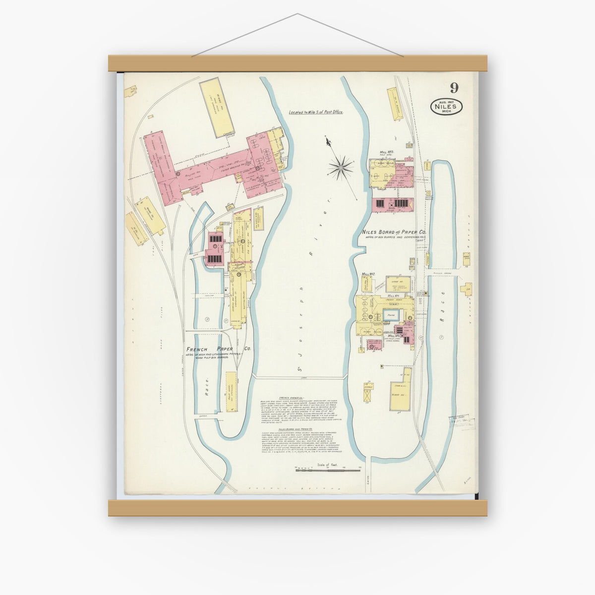 Old map wall art mockup — magnetic wood frame on white wall — Sanborn Fire Insurance Map from Niles, Berrien County, Michigan (1907), Sheet #0009