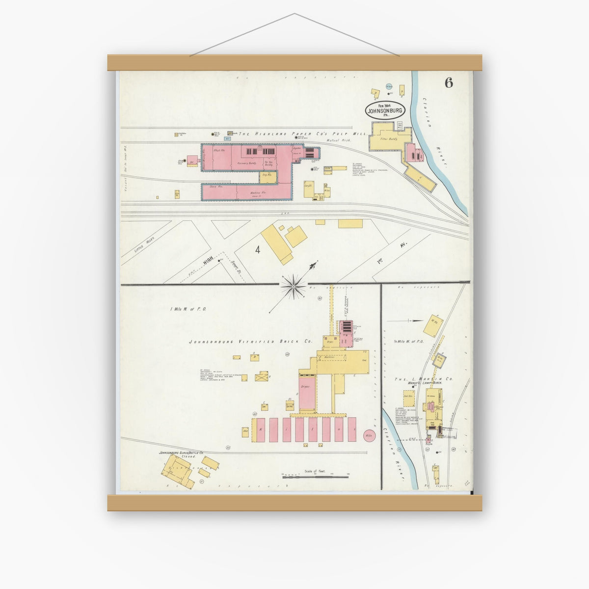 Old map wall art mockup — magnetic wood frame on white wall — Sanborn Fire Insurance Map from Johnsonburg, Elk County, Pennsylvania (1904), Sheet #0006