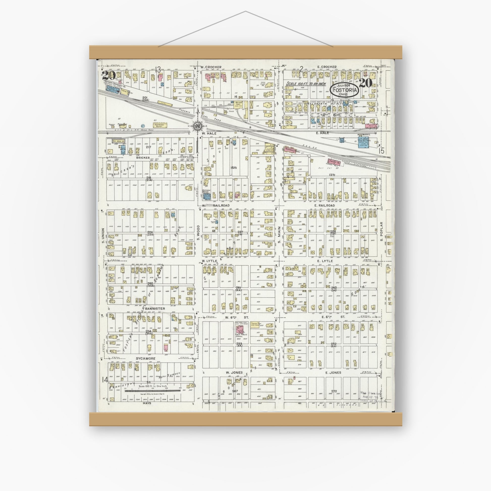 Old map wall art mockup — magnetic wood frame on white wall — Sanborn Fire Insurance Map from Fostoria, Seneca, Hancock, And Wood Counties, Ohio (1924), Sheet #0020