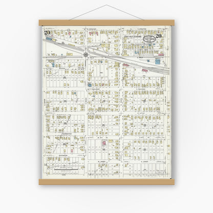 Old map wall art mockup — magnetic wood frame on white wall — Sanborn Fire Insurance Map from Fostoria, Seneca, Hancock, And Wood Counties, Ohio (1924), Sheet #0020
