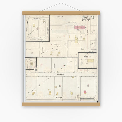 Old map wall art mockup — magnetic wood frame on white wall — Sanborn Fire Insurance Map from Pilot Point, Denton County, Texas (1940), Sheet #0012