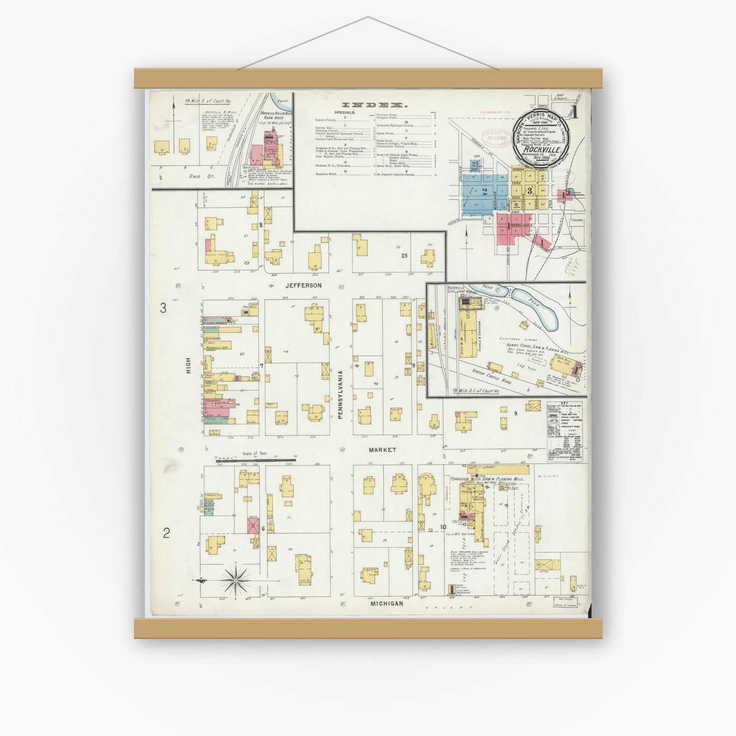 Old map wall art mockup — magnetic wood frame on white wall — Sanborn Fire Insurance Map from Rockville, Parke County, Indiana (1898), Sheet #0001