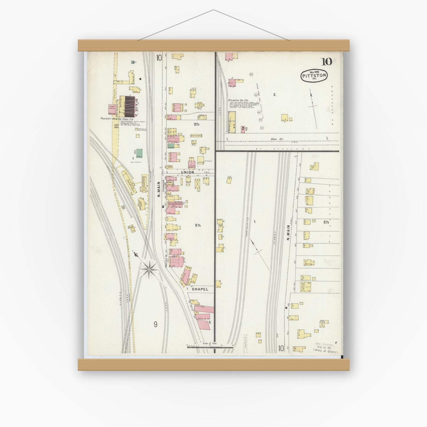 Old map wall art mockup — magnetic wood frame on white wall — Sanborn Fire Insurance Map from Pittston, Luzerne County, Pennsylvania (1896), Sheet #0010