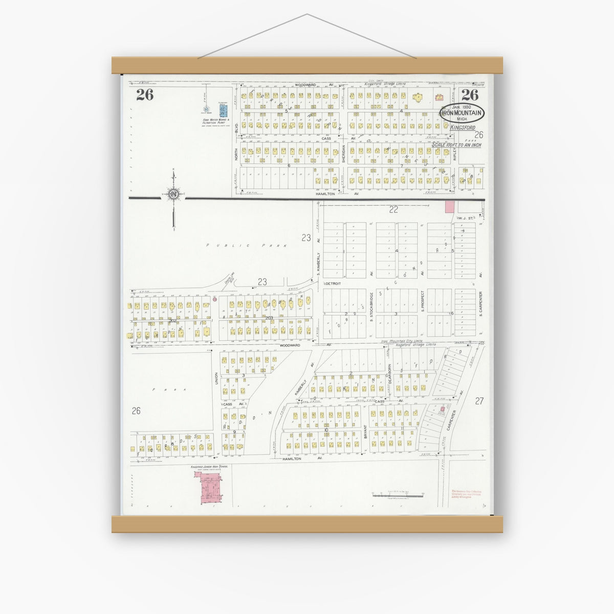 Old map wall art mockup — magnetic wood frame on white wall — Sanborn Fire Insurance Map from Iron Mountain, Dickinson County, Michigan (1930), Sheet #0026