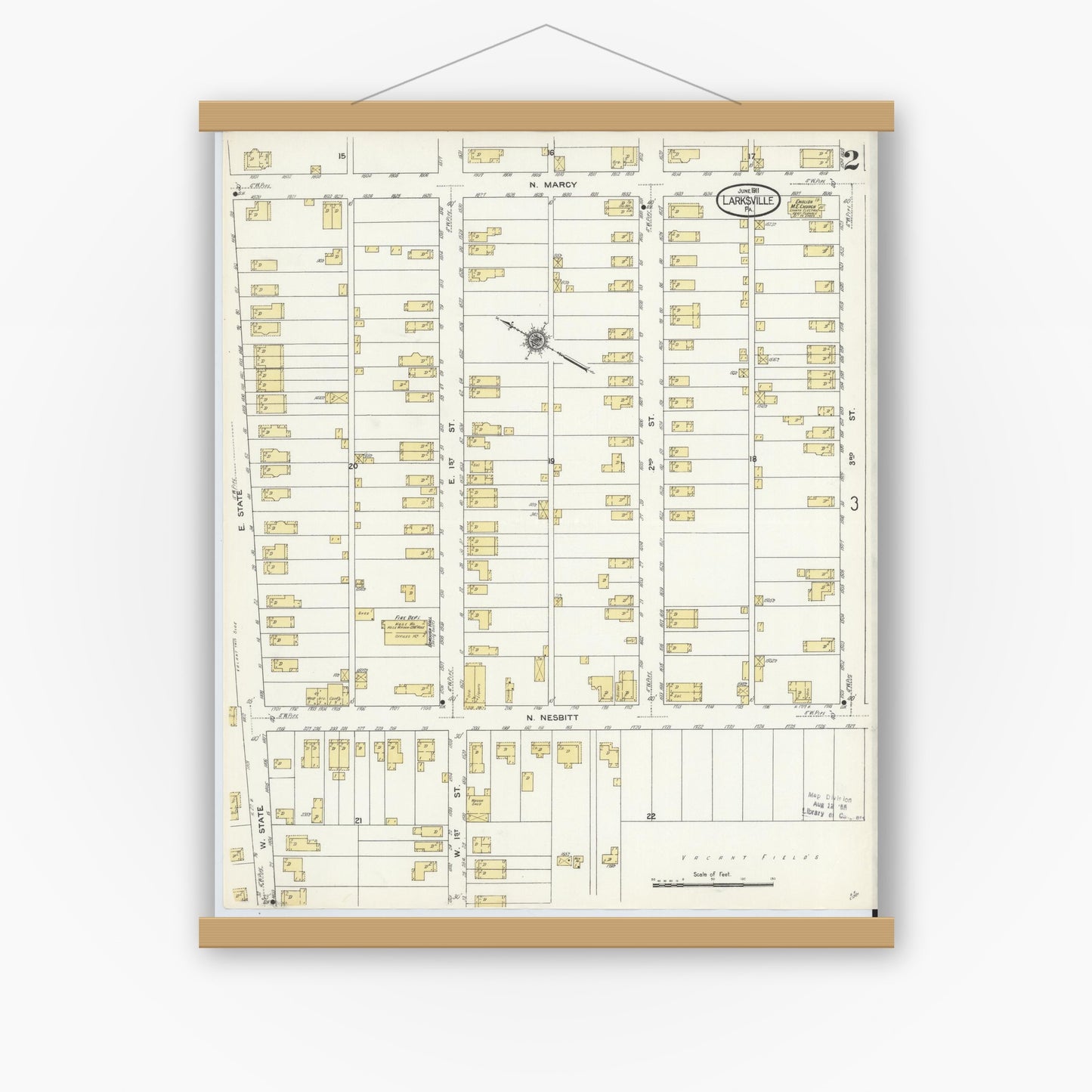 Old map wall art mockup — magnetic wood frame on white wall — Sanborn Fire Insurance Map from Larksville, Luzerne County, Pennsylvania (1911), Sheet #0002