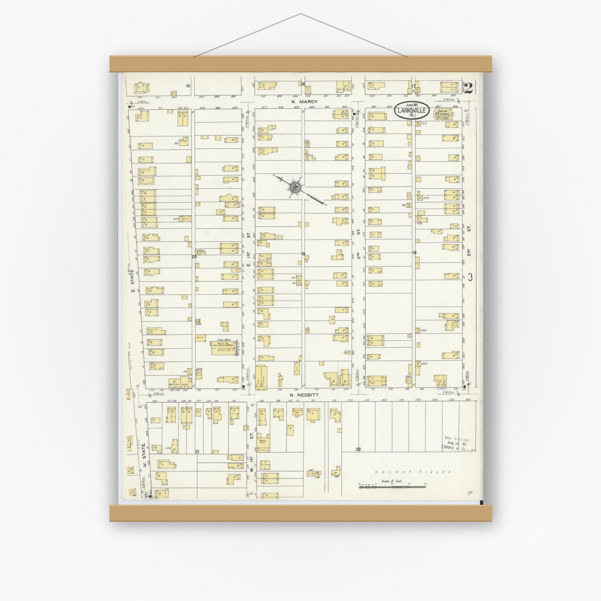 Old map wall art mockup — magnetic wood frame on white wall — Sanborn Fire Insurance Map from Larksville, Luzerne County, Pennsylvania (1911), Sheet #0002