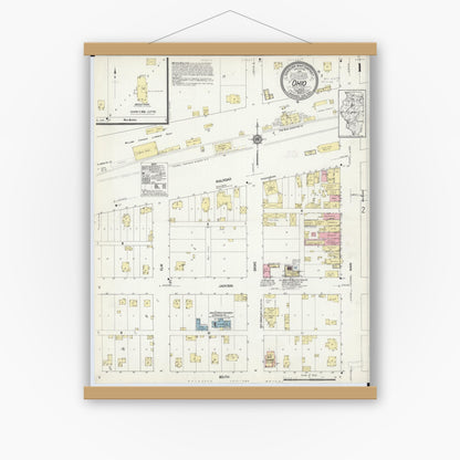 Old map wall art mockup — magnetic wood frame on white wall — Sanborn Fire Insurance Map from Ohio, Bureau County, Illinois (1913), Sheet #0001