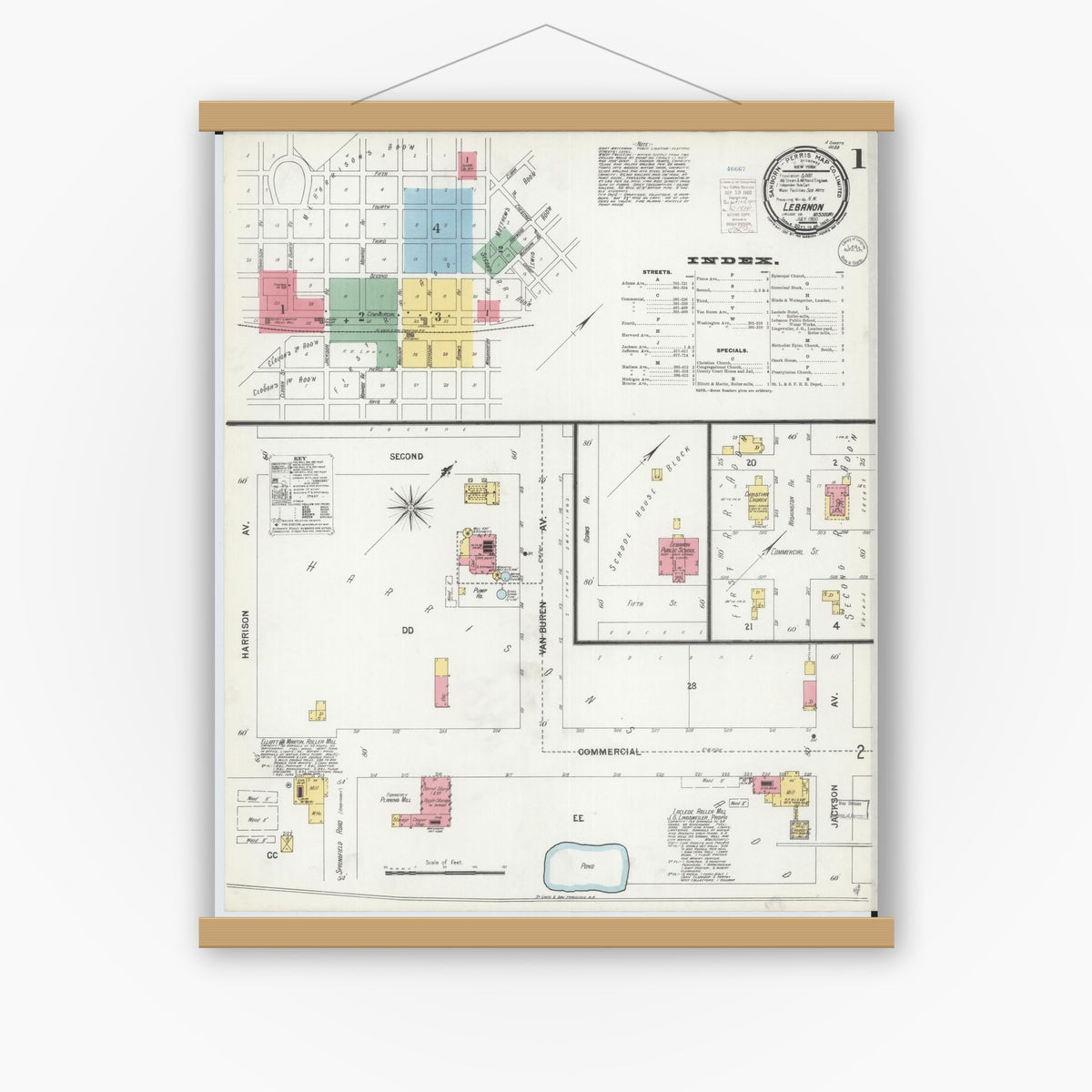 Old map wall art mockup — magnetic wood frame on white wall — Sanborn Fire Insurance Map from Lebanon, Laclede County, Missouri (1900), Sheet #0001