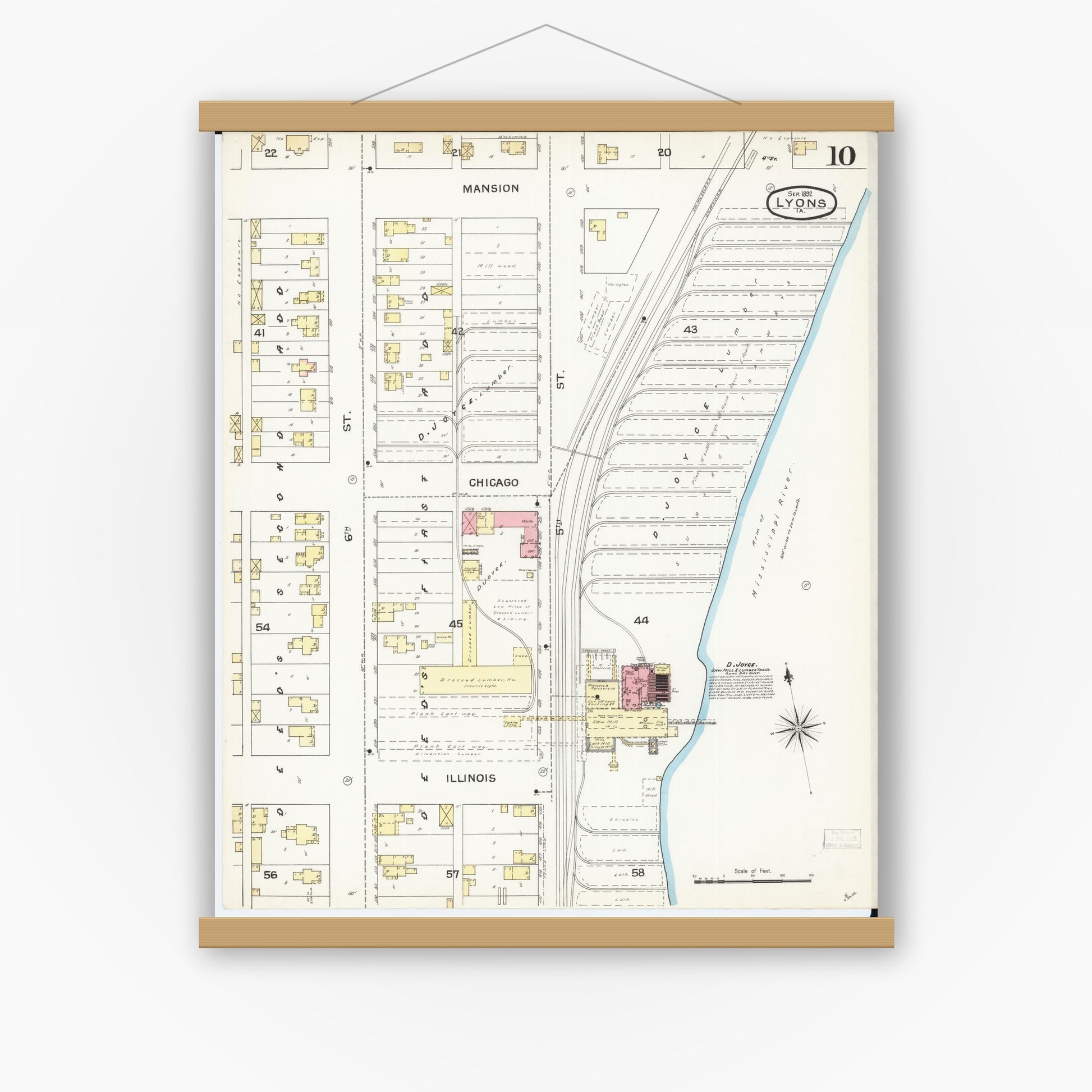 Old map wall art mockup — magnetic wood frame on white wall — Sanborn Fire Insurance Map from Lyons, Clinton County, Iowa (1892), Sheet #0010