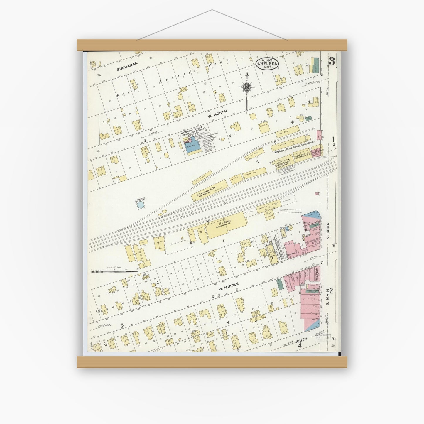 Old map wall art mockup — magnetic wood frame on white wall — Sanborn Fire Insurance Map from Chelsea, Washtenaw County, Michigan (1909), Sheet #0003