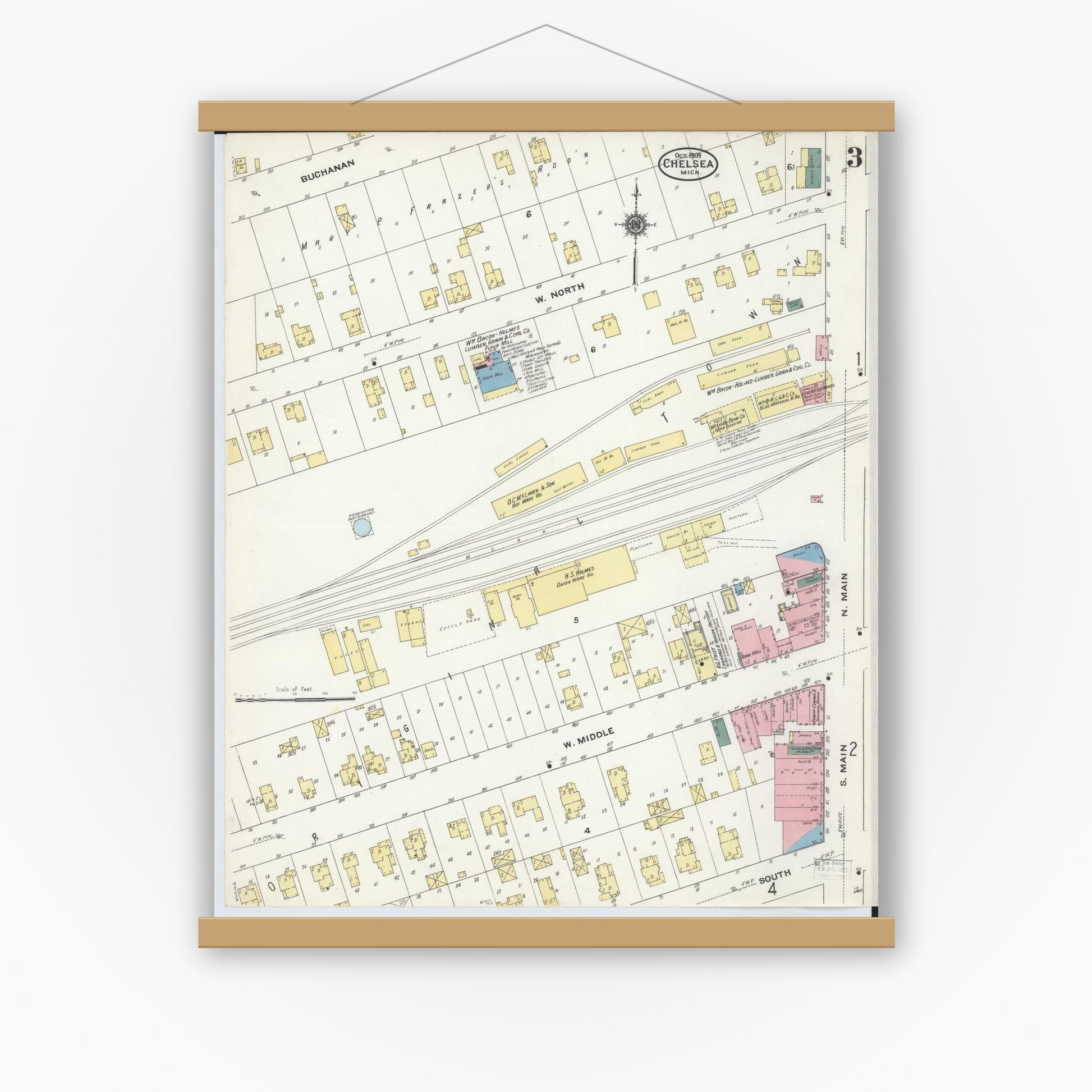 Old map wall art mockup — magnetic wood frame on white wall — Sanborn Fire Insurance Map from Chelsea, Washtenaw County, Michigan (1909), Sheet #0003