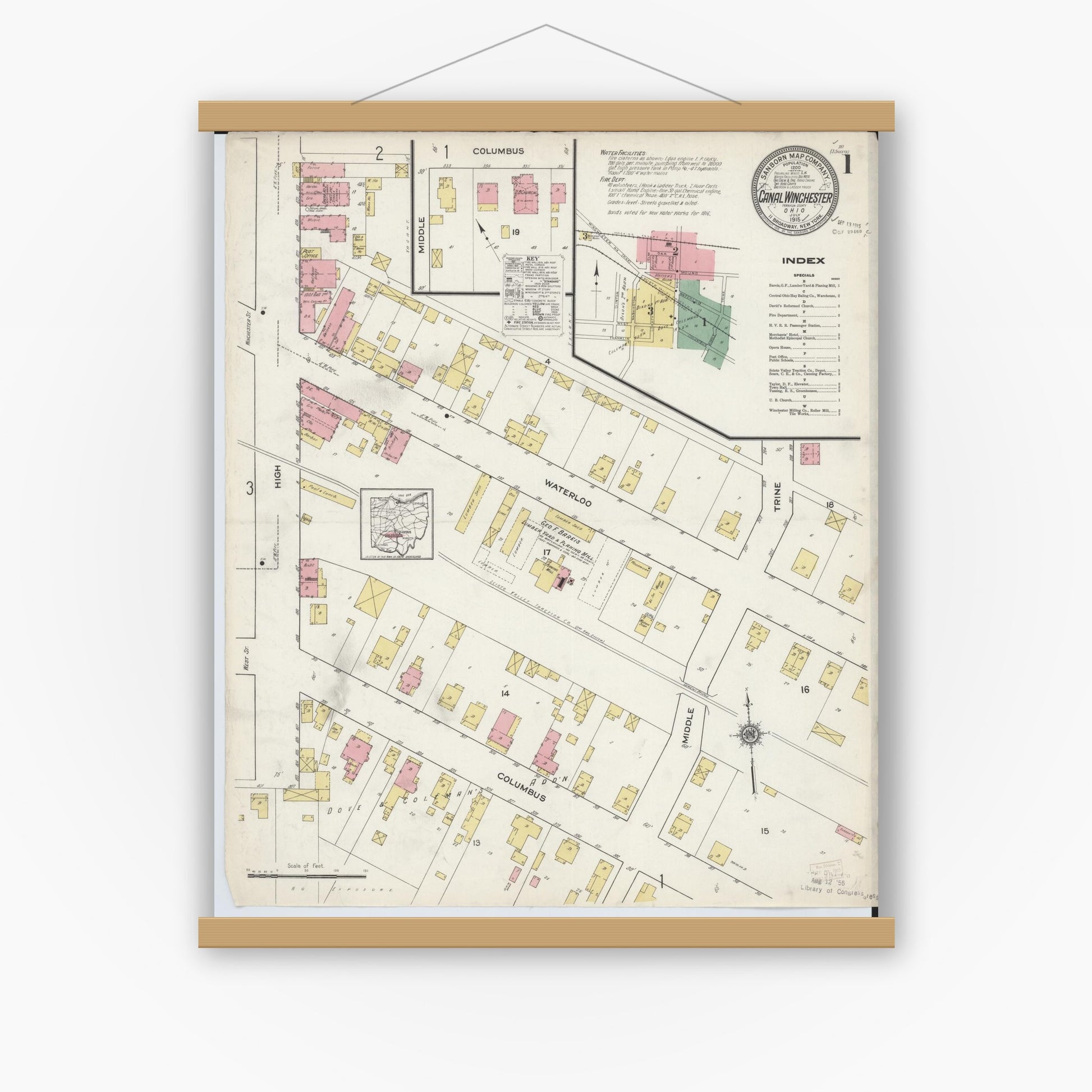 Old map wall art mockup — magnetic wood frame on white wall — Sanborn Fire Insurance Map from Canal Winchester, Franklin County, Ohio (1915), Sheet #0001