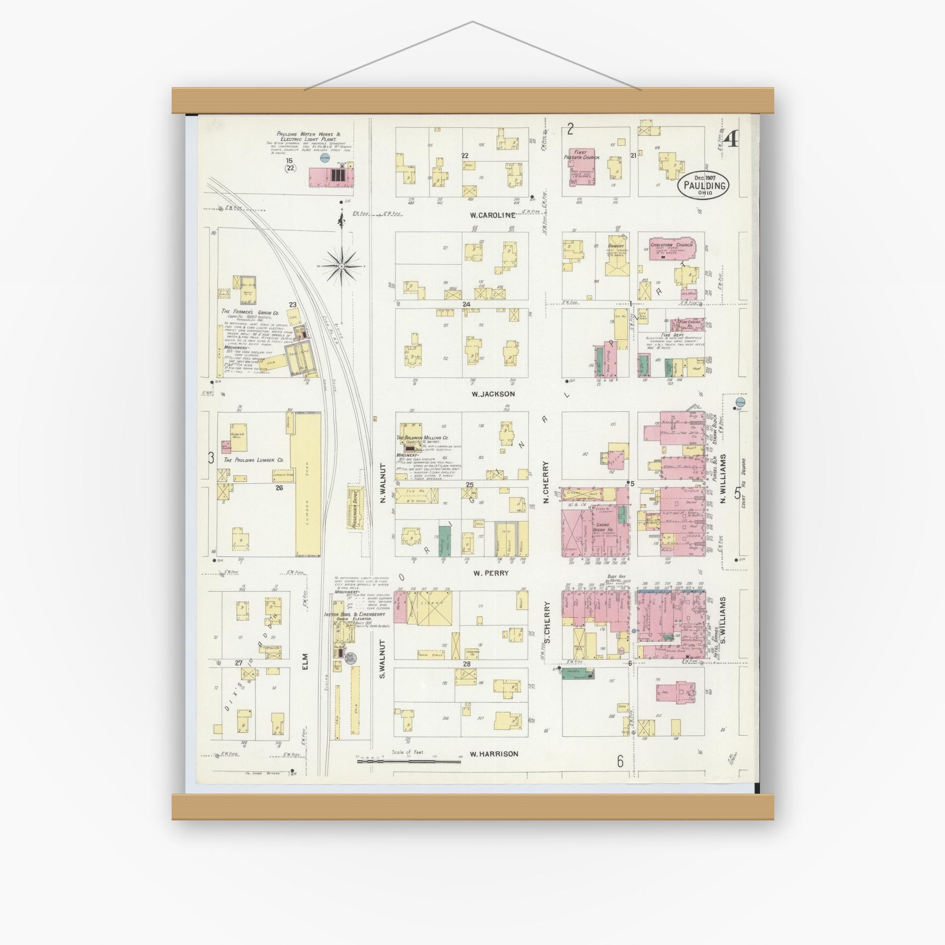 Old map wall art mockup — magnetic wood frame on white wall — Sanborn Fire Insurance Map from Paulding, Paulding County, Ohio (1907), Sheet #0004