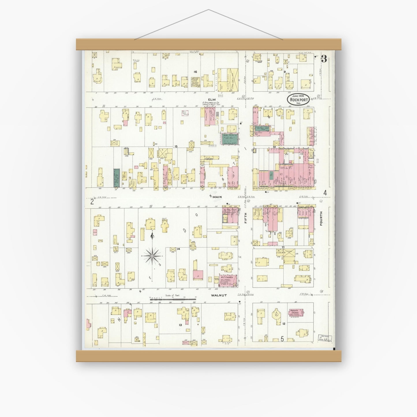 Old map wall art mockup — magnetic wood frame on white wall — Sanborn Fire Insurance Map from Rockport, Spencer County, Indiana (1909), Sheet #0003