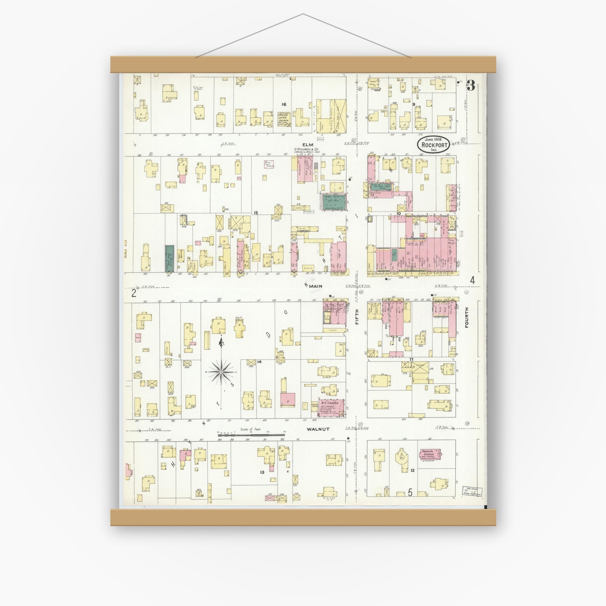 Old map wall art mockup — magnetic wood frame on white wall — Sanborn Fire Insurance Map from Rockport, Spencer County, Indiana (1909), Sheet #0003