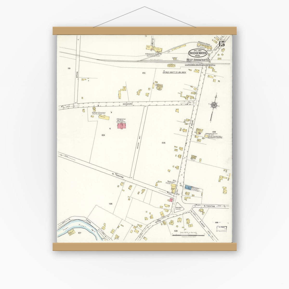 Old map wall art mockup — magnetic wood frame on white wall — Sanborn Fire Insurance Map from Bridgewater, Plymouth County, Massachusetts (1921), Sheet #0015
