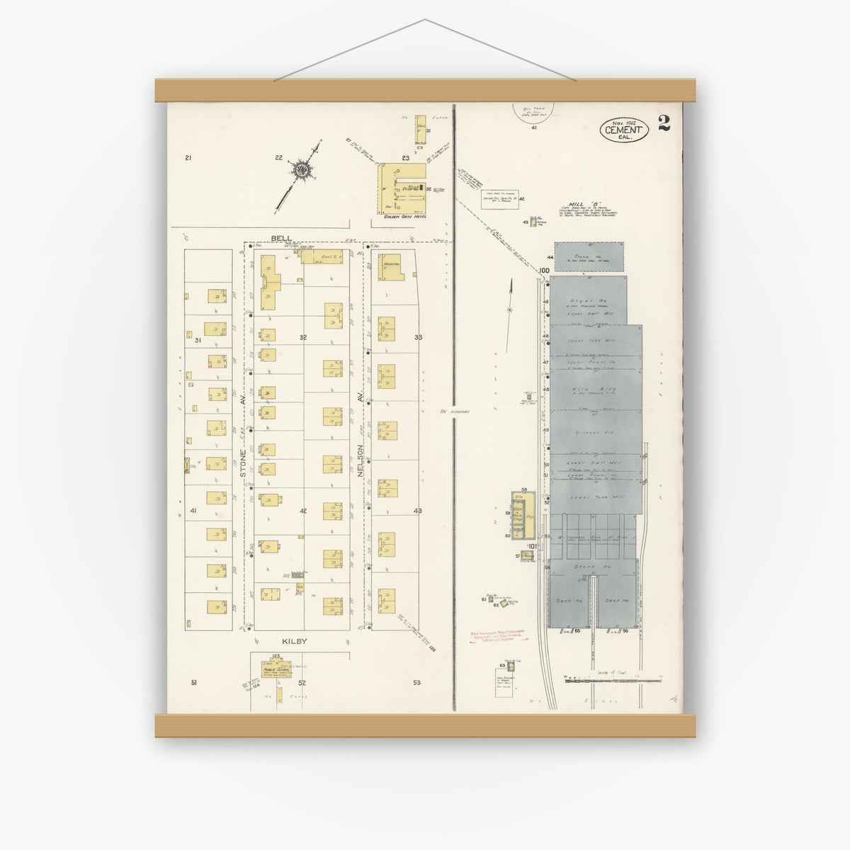 Old map wall art mockup — magnetic wood frame on white wall — Sanborn Fire Insurance Map from Cement, Solano County, California (1912), Sheet #0002