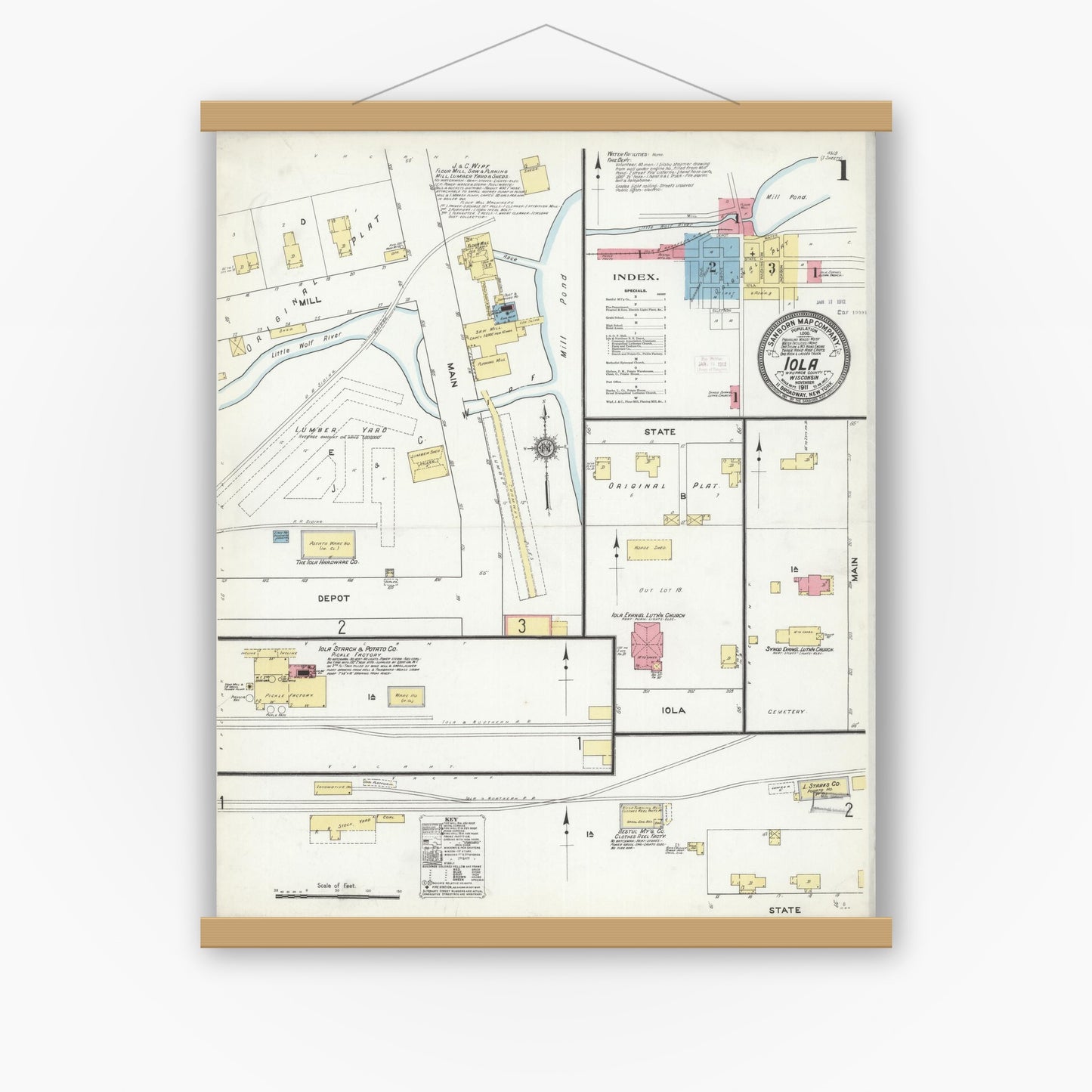 Old map wall art mockup — magnetic wood frame on white wall — Sanborn Fire Insurance Map from Iola, Waupaca County, Wisconsin (1911) - Complete Map Set