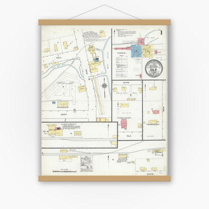 Old map wall art mockup — magnetic wood frame on white wall — Sanborn Fire Insurance Map from Iola, Waupaca County, Wisconsin (1911) - Complete Map Set