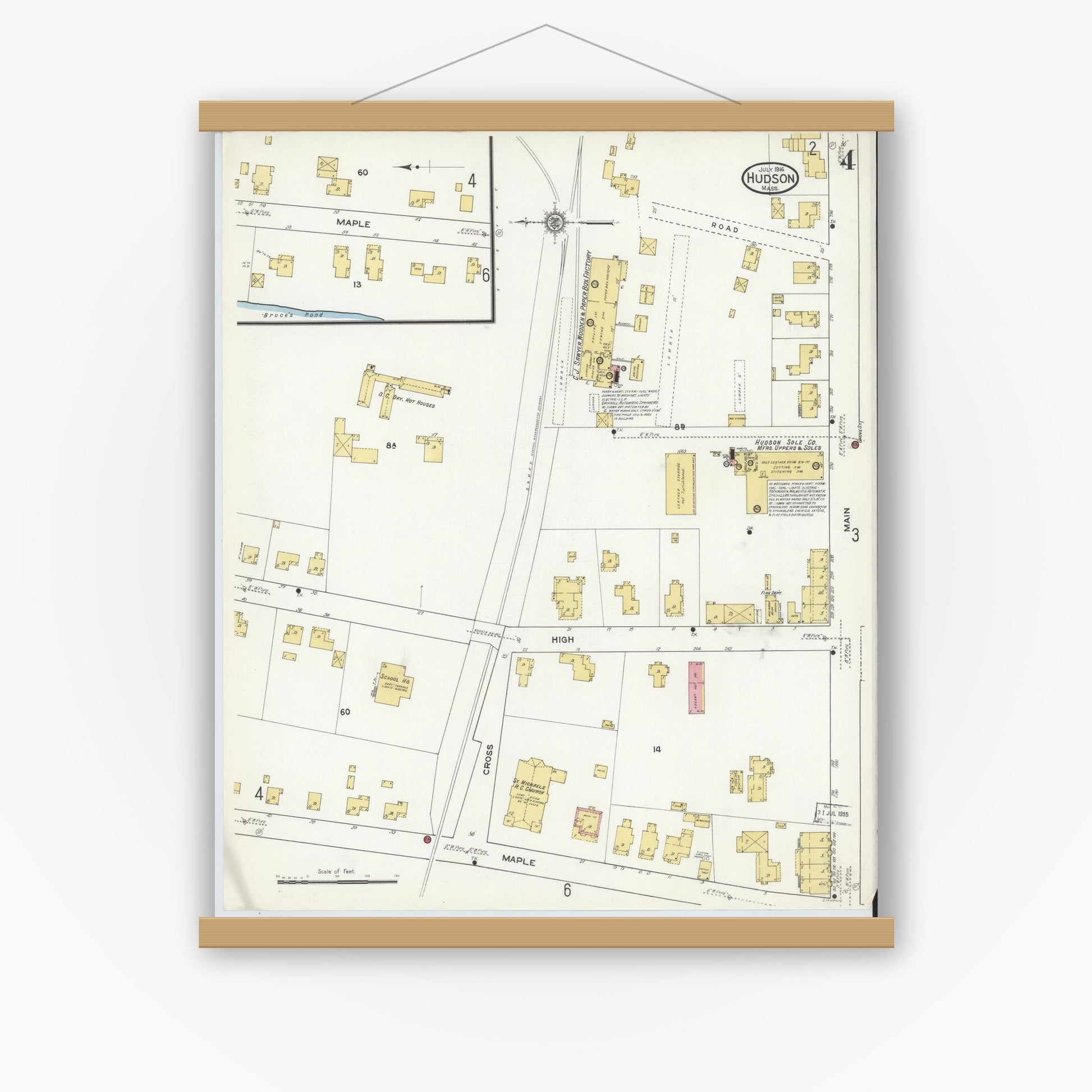 Old map wall art mockup — magnetic wood frame on white wall — Sanborn Fire Insurance Map from Hudson, Middlesex County, Massachusetts (1916), Sheet #0004