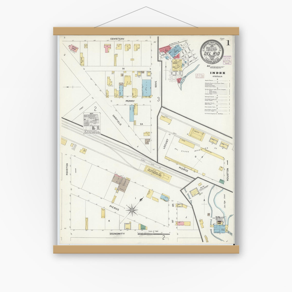 Old map wall art mockup — magnetic wood frame on white wall — Sanborn Fire Insurance Map from Del Rio, Val Verde County, Texas (1905) - Complete Map Set