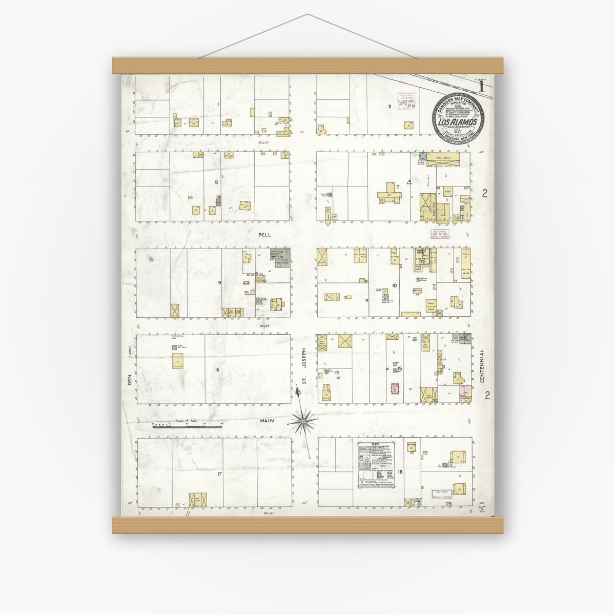 Old map wall art mockup — magnetic wood frame on white wall — Sanborn Fire Insurance Map from Los Alamos, Santa Barbara County, California (1909), Sheet #0001