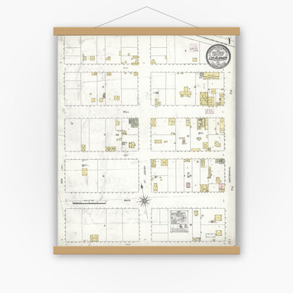 Old map wall art mockup — magnetic wood frame on white wall — Sanborn Fire Insurance Map from Los Alamos, Santa Barbara County, California (1909), Sheet #0001