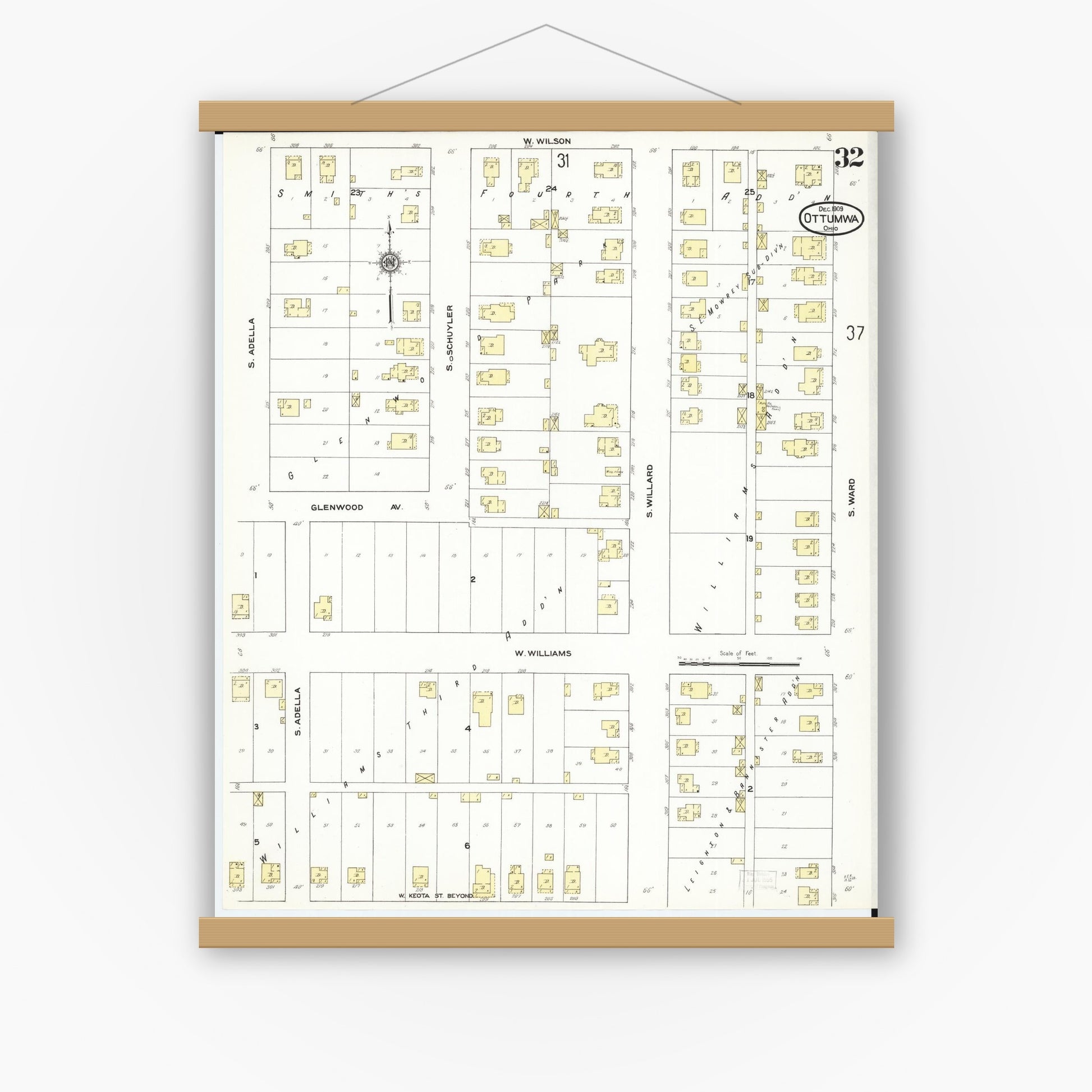 Old map wall art mockup — magnetic wood frame on white wall — Sanborn Fire Insurance Map from Ottumwa, Wapello County, Iowa (1909), Sheet #0032