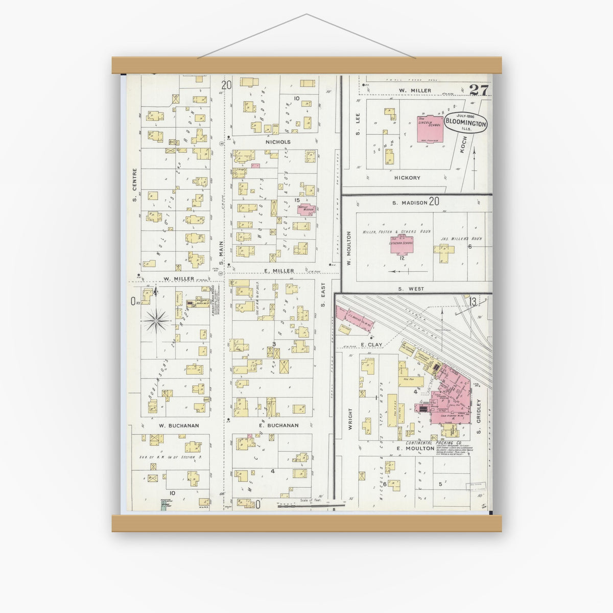 Old map wall art mockup — magnetic wood frame on white wall — Sanborn Fire Insurance Map from Bloomington, McLean County, Illinois (1896), Sheet #0027