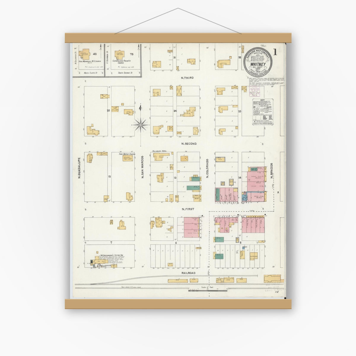 Old map wall art mockup — magnetic wood frame on white wall — Sanborn Fire Insurance Map from Whitney, Hill County, Texas (1905) - Complete Map Set