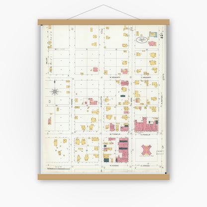 Old map wall art mockup — magnetic wood frame on white wall — Sanborn Fire Insurance Map from Liberty, Clay County, Missouri (1906), Sheet #0002