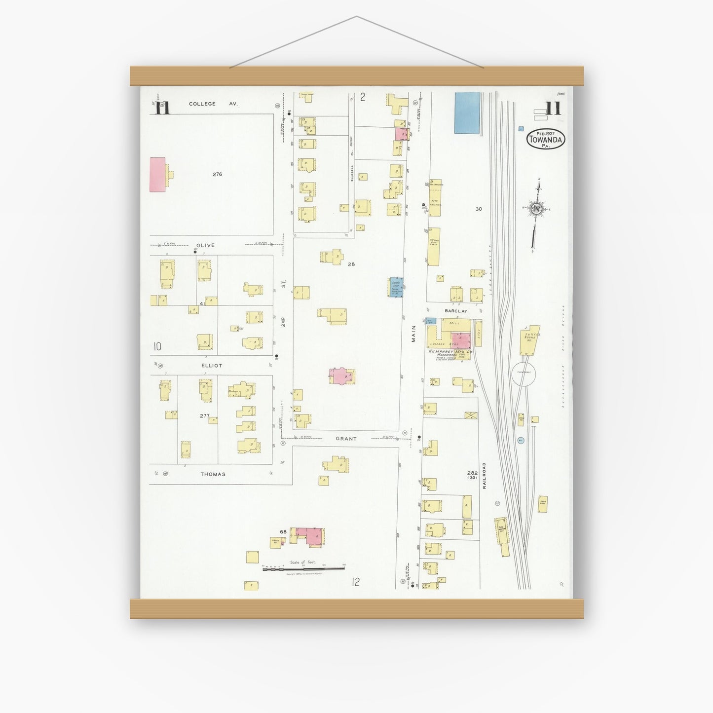 Old map wall art mockup — magnetic wood frame on white wall — Sanborn Fire Insurance Map from Towanda, Bradford County, Pennsylvania (1927), Sheet #0011
