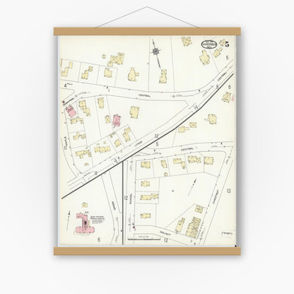 Old map wall art mockup — magnetic wood frame on white wall — Sanborn Fire Insurance Map from Gardner, Worcester County, Massachusetts (1914), Sheet #0005