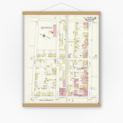 Old map wall art mockup — magnetic wood frame on white wall — Sanborn Fire Insurance Map from Mechanicsburg, Cumberland County, Pennsylvania (1911), Sheet #0006