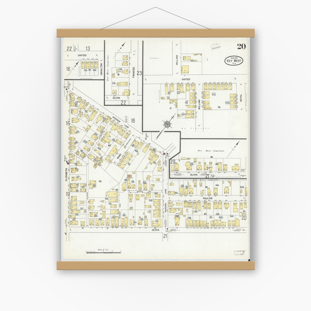 Old map wall art mockup — magnetic wood frame on white wall — Sanborn Fire Insurance Map from Key West, Monroe County, Florida (1912), Sheet #0020
