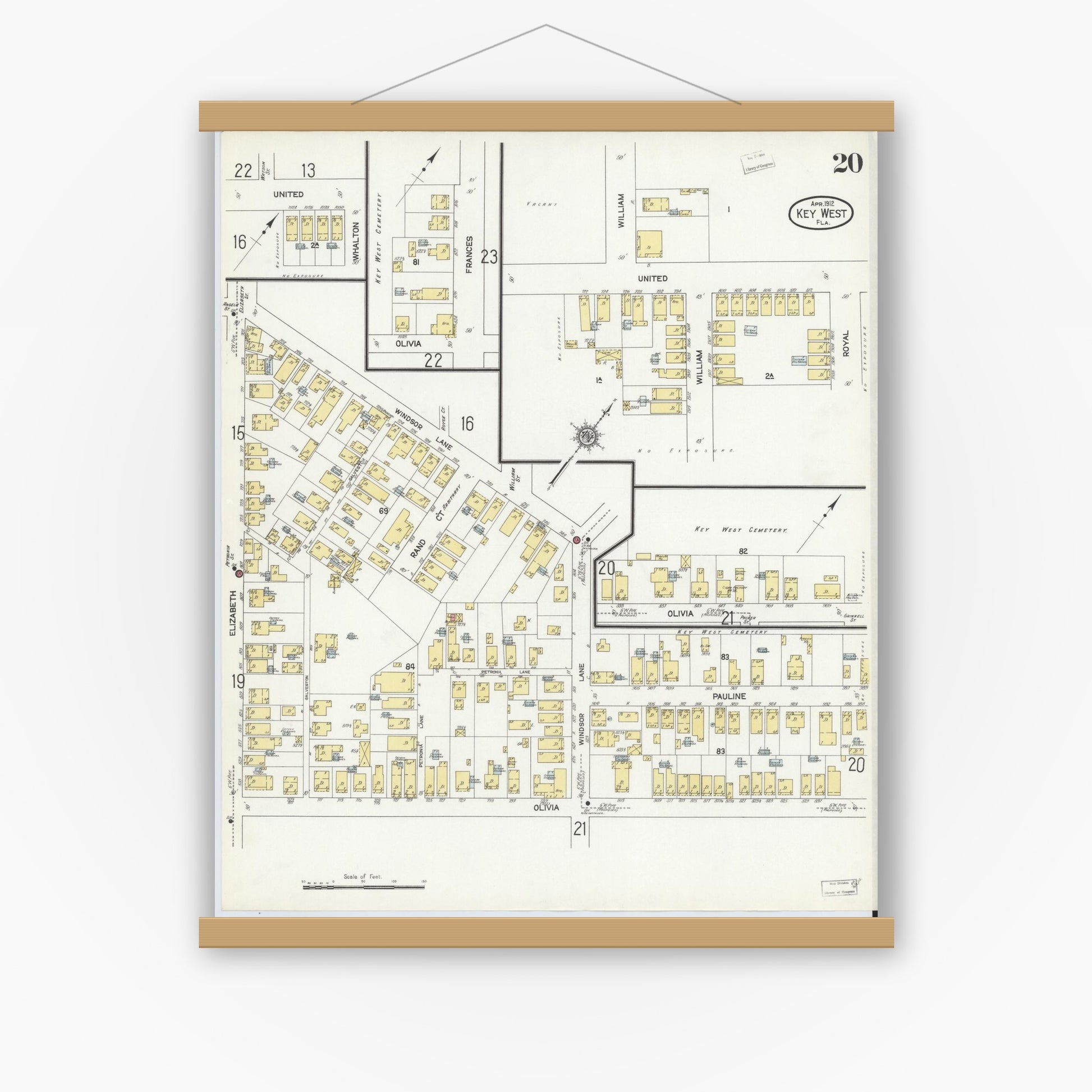 Old map wall art mockup — magnetic wood frame on white wall — Sanborn Fire Insurance Map from Key West, Monroe County, Florida (1912), Sheet #0020