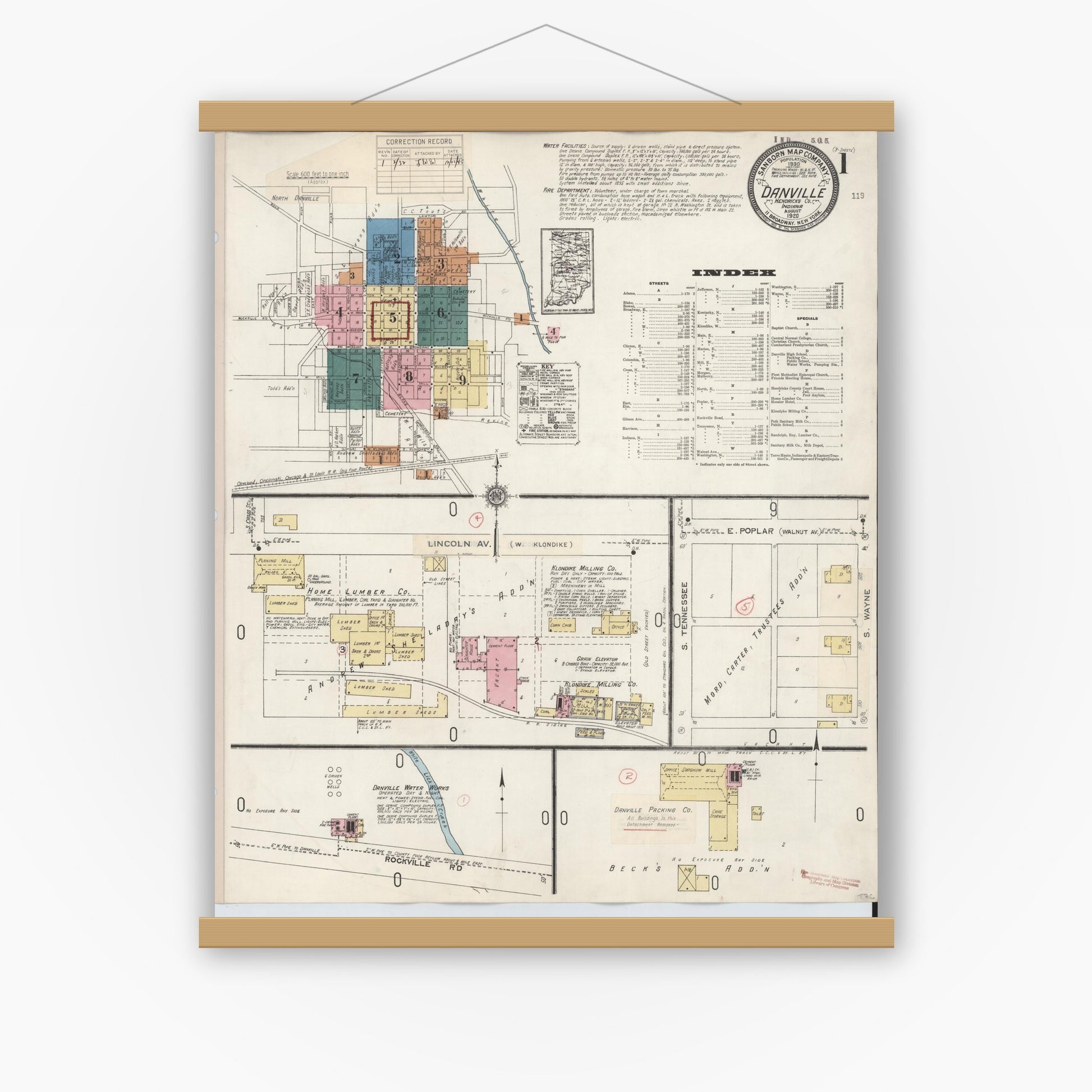 Old map wall art mockup — magnetic wood frame on white wall — Sanborn Fire Insurance Map from Danville, Hendricks County, Indiana (1932) - Complete Map Set