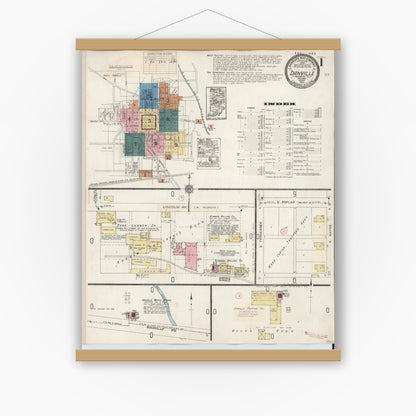 Old map wall art mockup — magnetic wood frame on white wall — Sanborn Fire Insurance Map from Danville, Hendricks County, Indiana (1932) - Complete Map Set