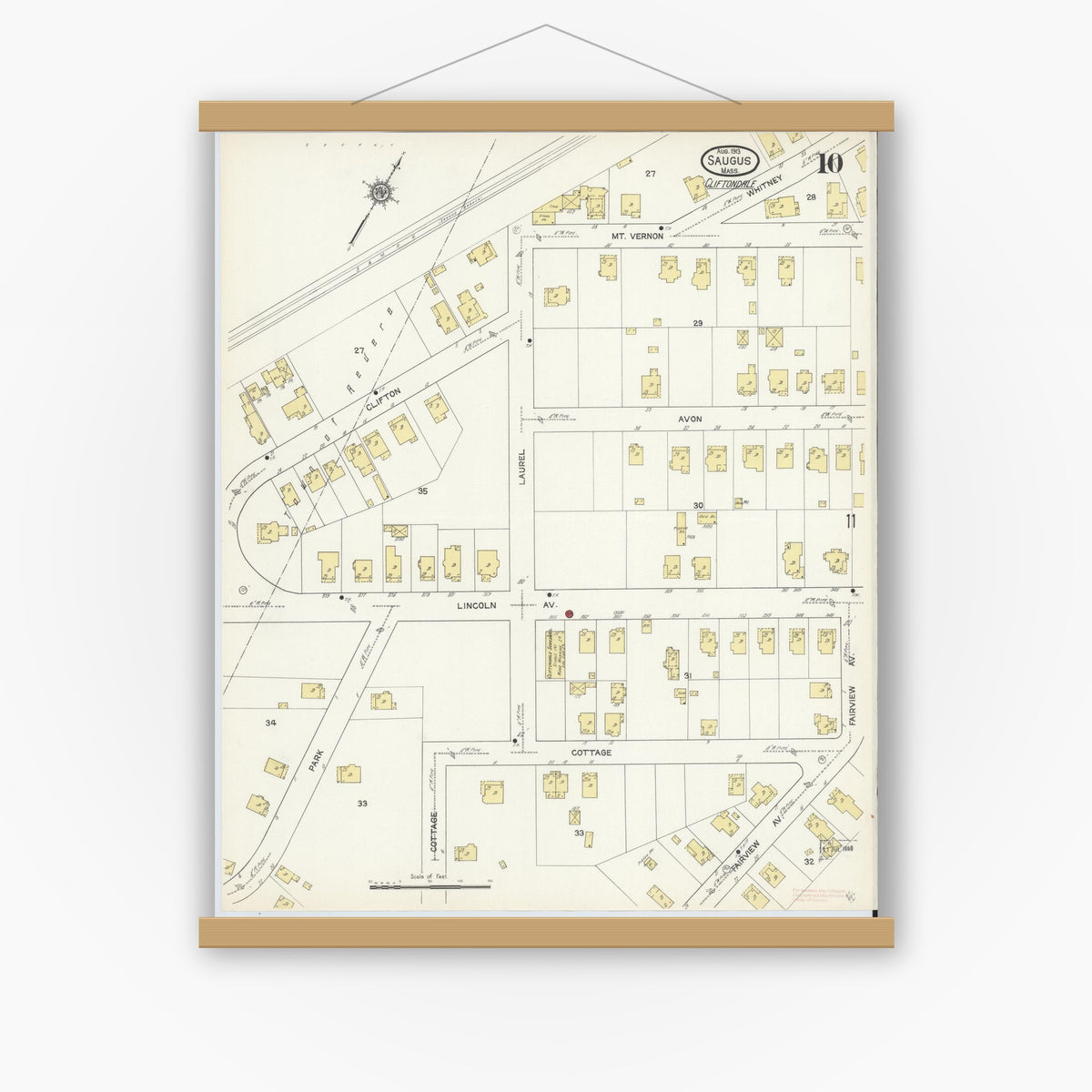 Old map wall art mockup — magnetic wood frame on white wall — Sanborn Fire Insurance Map from Saugus, Essex County, Massachusetts (1913), Sheet #0010