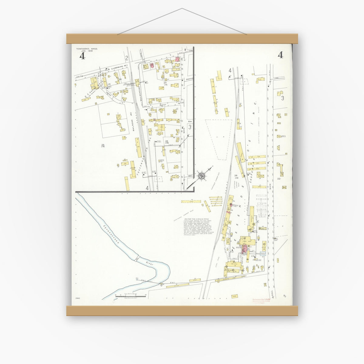 Old map wall art mockup — magnetic wood frame on white wall — Sanborn Fire Insurance Map from Townsend, Middlesex County, Massachusetts (1936), Sheet #0004