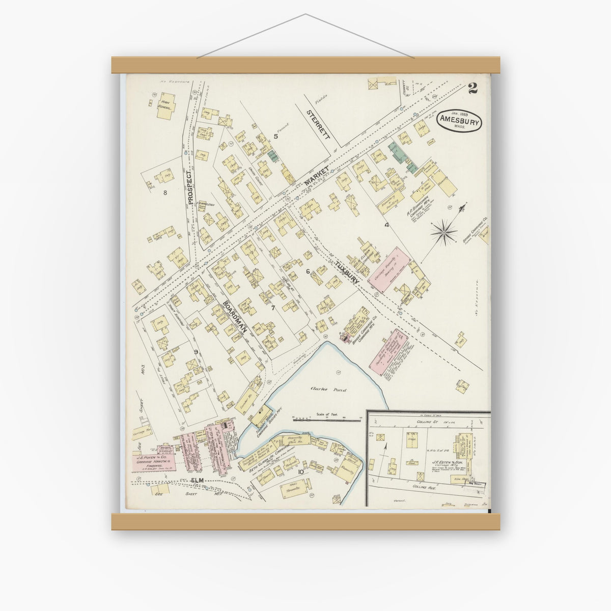 Old map wall art mockup — magnetic wood frame on white wall — Sanborn Fire Insurance Map from Amesbury, Essex County, Massachusetts (1889), Sheet #0002
