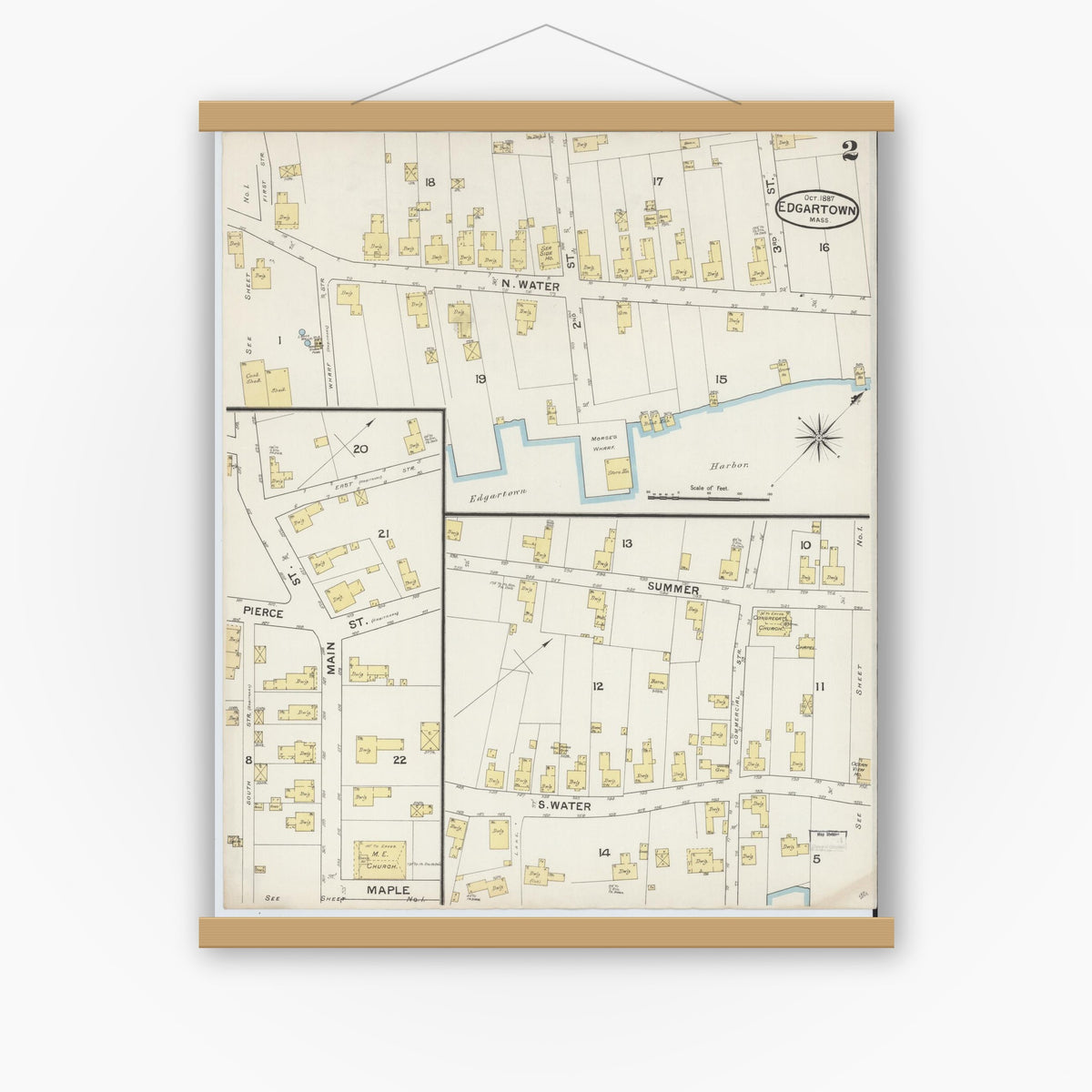 Old map wall art mockup — magnetic wood frame on white wall — Sanborn Fire Insurance Map from Edgartown, Dukes County, Massachusetts (1887), Sheet #0002