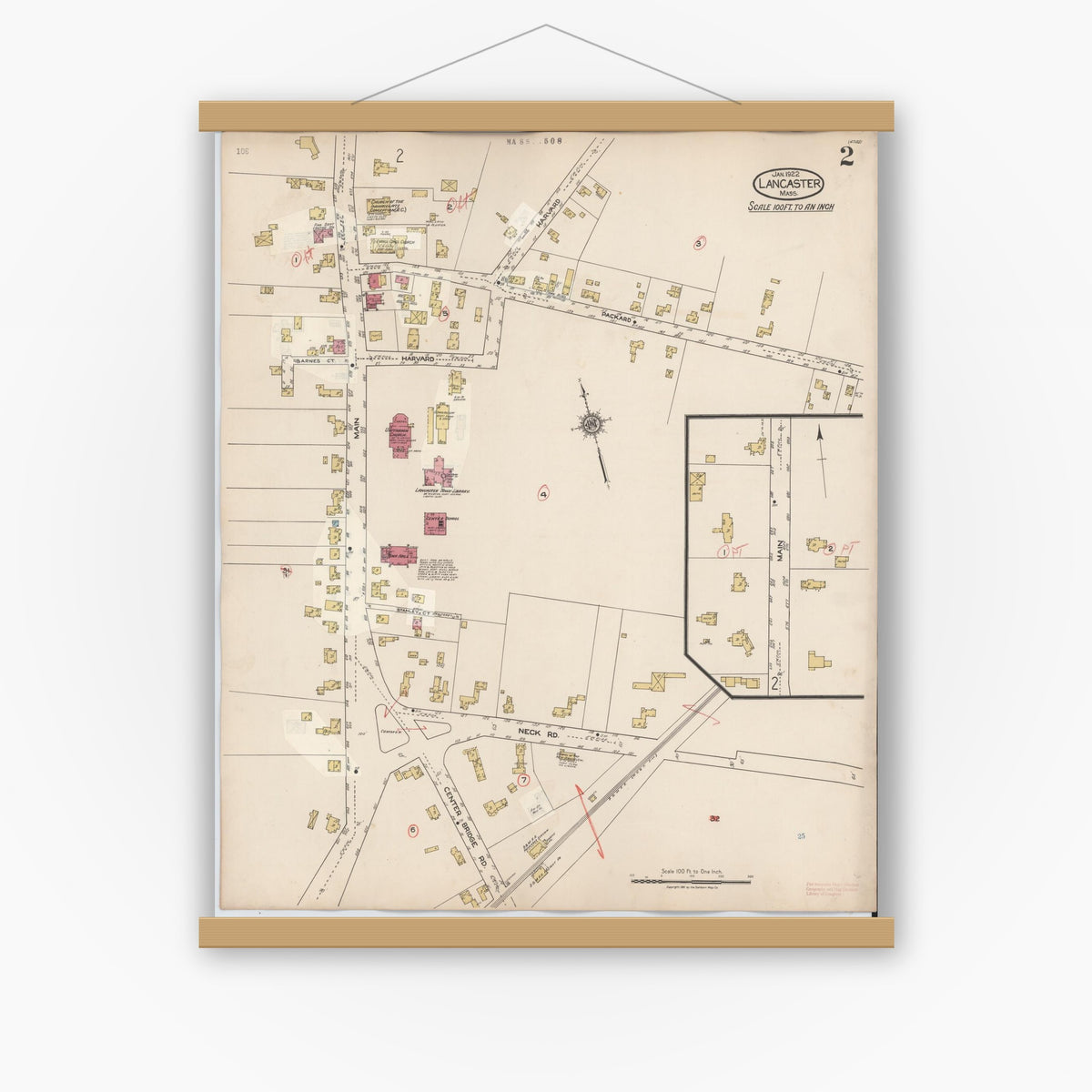 Old map wall art mockup — magnetic wood frame on white wall — Sanborn Fire Insurance Map from Lancaster, Worcester County, Massachusetts (1945), Sheet #0002