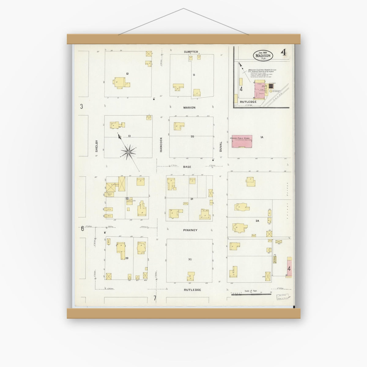 Old map wall art mockup — magnetic wood frame on white wall — Sanborn Fire Insurance Map from Madison, Madison County, Florida (1909), Sheet #0004