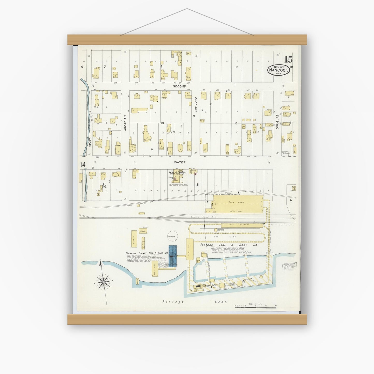 Old map wall art mockup — magnetic wood frame on white wall — Sanborn Fire Insurance Map from Hancock, Houghton County, Michigan (1907), Sheet #0015